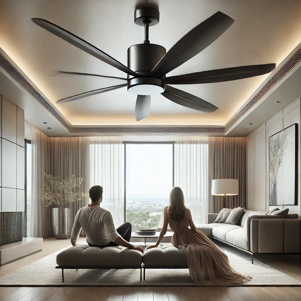 Ilustración de diferentes tipos de ventiladores de techo: modernos, tradicionales y con luz.