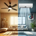 "Imagen comparativa entre un ventilador de techo y un aire acondicionado, destacando su consumo energético. El ventilador de techo, ideal para climas moderados, ofrece un enfriamiento eficiente con bajo gasto energético, representando una opción de ahorro de energía y menores costos operativos. En contraste, el aire acondicionado, más efectivo en climas cálidos y húmedos, proporciona una refrigeración potente, pero con un mayor consumo energético. Esta comparación de consumo resalta las diferencias en eficiencia energética entre ambos dispositivos."