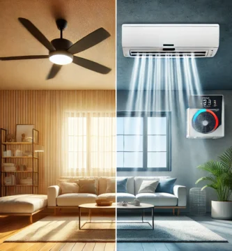 "Imagen comparativa entre un ventilador de techo y un aire acondicionado, destacando su consumo energético. El ventilador de techo, ideal para climas moderados, ofrece un enfriamiento eficiente con bajo gasto energético, representando una opción de ahorro de energía y menores costos operativos. En contraste, el aire acondicionado, más efectivo en climas cálidos y húmedos, proporciona una refrigeración potente, pero con un mayor consumo energético. Esta comparación de consumo resalta las diferencias en eficiencia energética entre ambos dispositivos."